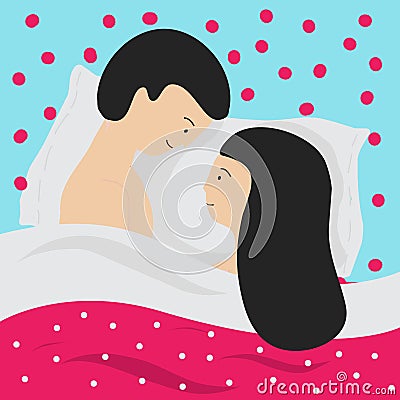 Happy young couple lying in bed in love. Man and woman lovers taking a lazy rest. Romantic relationships, honeymoon Vector Illustration