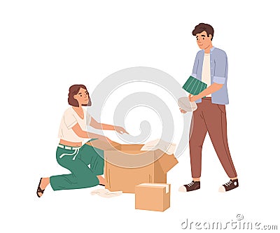 Happy young couple of man and woman packing things in cardboard boxes together. Relocation concept. Colored flat cartoon Vector Illustration