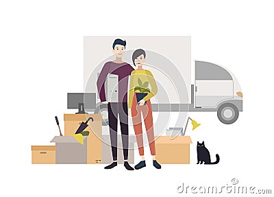 Happy young couple moving into a new house with things. Cartoon illustration in flat style. Vector Illustration