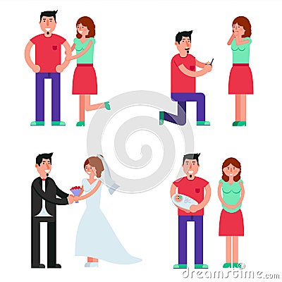 Happy young couple relationships. Dating, proposing, marriage an Vector Illustration