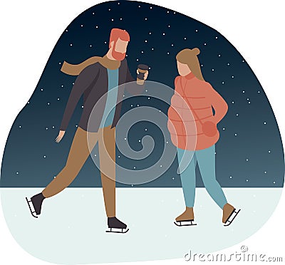 Happy young couple skating on the ice rink Vector Illustration