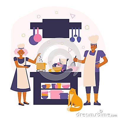 Happy young couple stay at home and prepare food in the kitchen. Spending time together. Family home leisure in quarantine. Cooks Cartoon Illustration