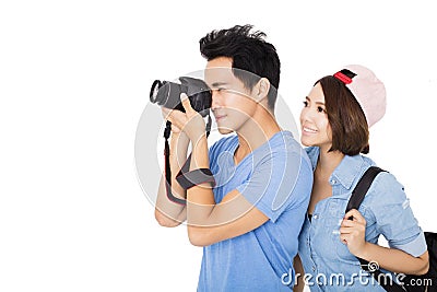 Happy young couple Tourists taking photo Stock Photo