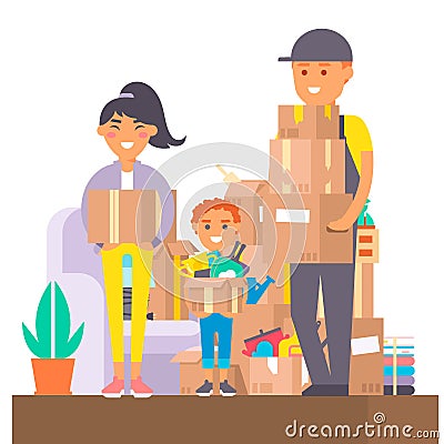 Happy young couple vector flat people moving in new house movement apartment together. Happy young couple moving service Vector Illustration