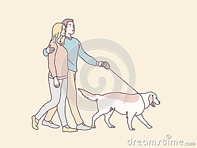 Happy young couple walking their dog simple korean style illustration Vector Illustration