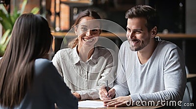 Happy customers couple ready to sign loan agreement meeting agent Stock Photo