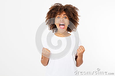 Happy young dark skin woman isolated on white background in tshirt clothes. Copy space. Mock up. White template blank t shirt Stock Photo