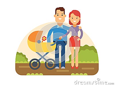 Happy Young Family with Baby in Stroller Vector Illustration