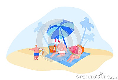 Happy Young Family Characters Relaxing on Beach. Mother Eating Watermelon, Father Drinking Juice Vector Illustration