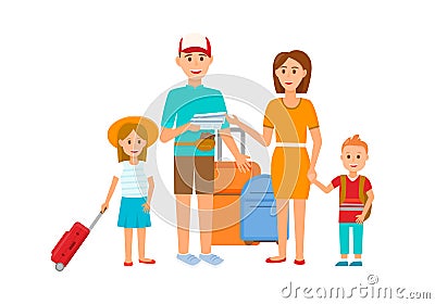 Happy Young Family with Little Children Travelling Vector Illustration