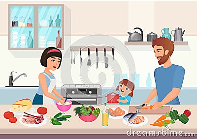 Happy young family cooking. Father, mother and daughter kid cook dishes in kitchen cartoon vector illustration. Vector Illustration