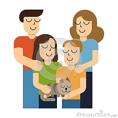 Happy young family. Dad, mom, son, daughter and cat together. Vector illustration in simple cartoon style. Vector Illustration