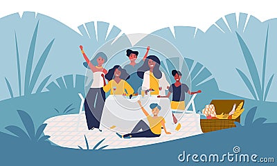 Happy young family has fun on a picnic in the park, garden party outside, backyard celebration. Smiling people group Vector Illustration