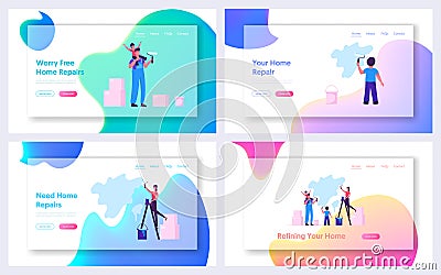 Happy Young Family Renovating Home Website Landing Page. Son Sit on Father Shoulders Help to Paint Wall with Roller Vector Illustration