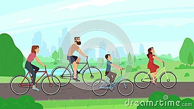 Happy young family riding on bikes at park. Parents and kids ride bicycles. Summer activities and families leisure Vector Illustration