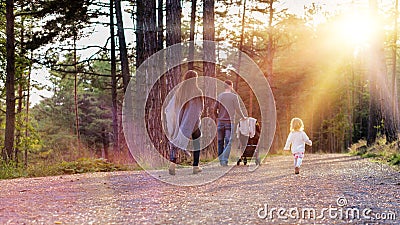 Happy young family taking a walk in a park, back view. Family holding hands walking together along forrest path with their daughte Stock Photo