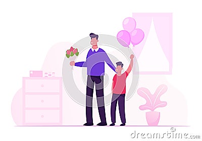 Happy Young Father with Flower Bouquet and Little Son with Balloons Bunch Stand in Hospital Room Meeting Mother Vector Illustration