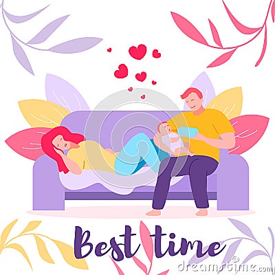 Happy Young Father Sitting on Couch Feeding Child Vector Illustration