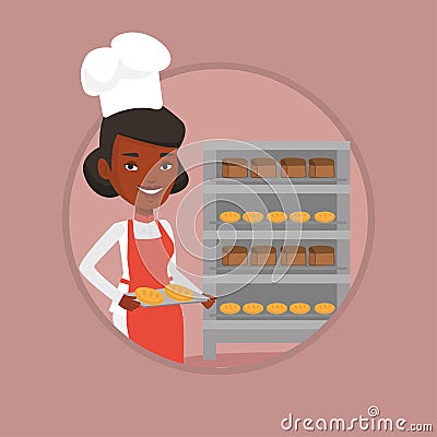 Happy young female baker holding tray of bread. Vector Illustration