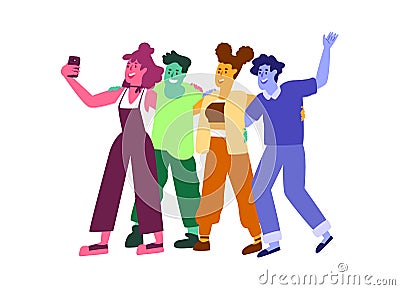 Happy young friends hugging and taking selfie Vector Illustration