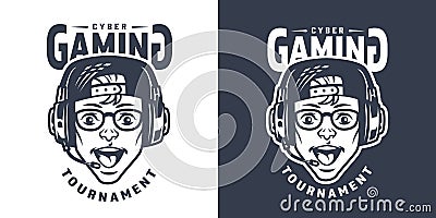 Happy young gamer in headset emblem Vector Illustration