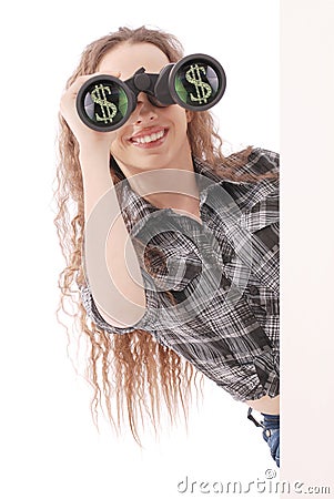 Happy young girl with binoculars and dollars sign Stock Photo