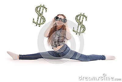 Happy young girl with binoculars and dollars sign Stock Photo