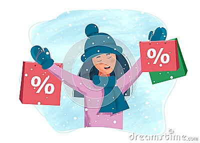 Happy young girl makes shopping for the holidays in a snowy winter day Vector Illustration