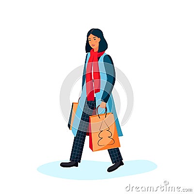Happy young girl makes shopping for the holidays in a snowy winter day. Vector illustration. Vector Illustration