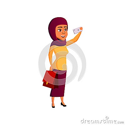 happy young girl photographing monument on smartphone cartoon vector Vector Illustration