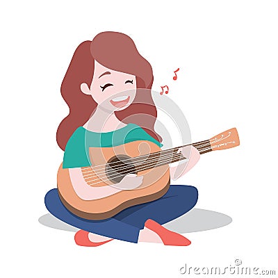 Happy young girl playing the guitar and sing a song, Isolated on white background Vector Illustration