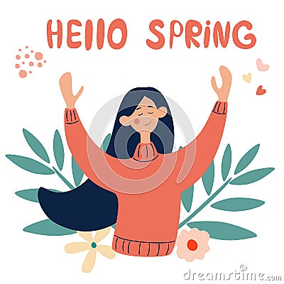 Happy young girl rejoices in spring. Hello spring concept in vector. Cartoon Illustration