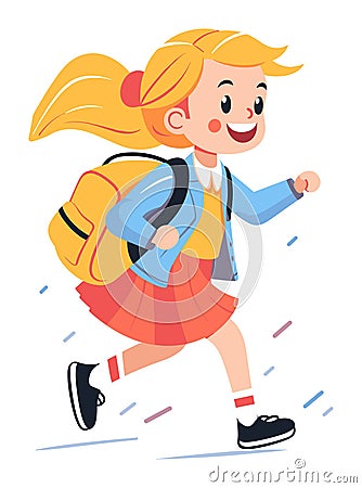 Happy young girl running with a backpack and smiling. Cartoon schoolgirl in uniform hurrying. Excited child on the move Vector Illustration