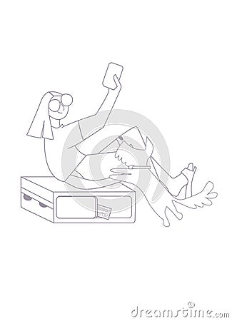 Happy young girl sitting on suitcase and taking selfie on phone Vector Illustration