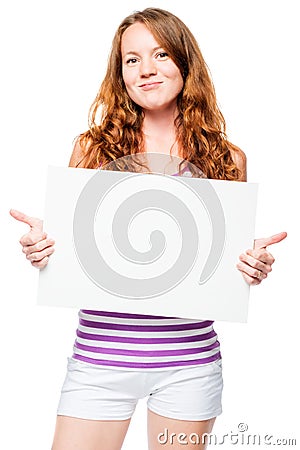 Happy young girl in a striped T-shirt with a poster in hands Stock Photo