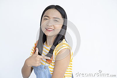 Happy young girl waitting vaccination on white background Stock Photo