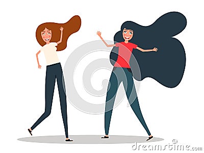 Happy young girls best friends. Girls jumping. Best friends concept. Vector illustration Vector Illustration