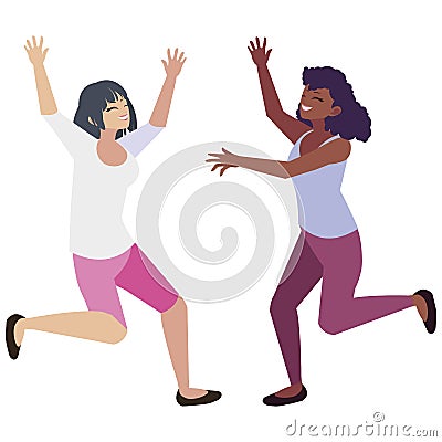 happy young interracial women celebrating Cartoon Illustration