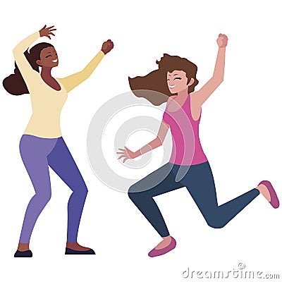 happy young interracial women celebrating Cartoon Illustration