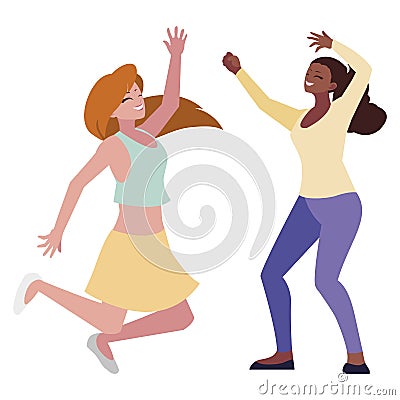 happy young interracial women celebrating Cartoon Illustration