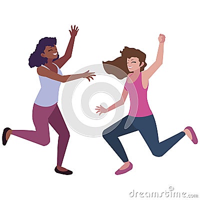 happy young interracial women celebrating Cartoon Illustration