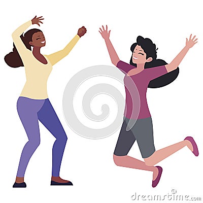 happy young interracial women celebrating Cartoon Illustration