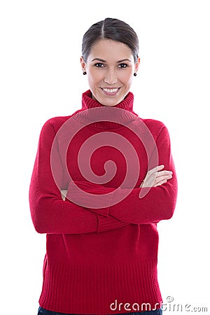 Happy young isolated woman in a red wool pullover. Stock Photo