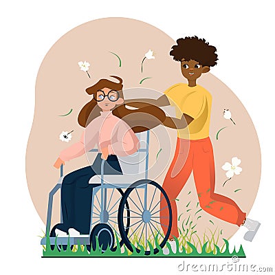 Happy young lady carry female friend on wheelchair in park. Friends walking together outside Vector Illustration