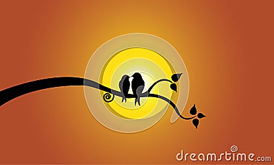 Happy Young love birds on tree branch during sunse Vector Illustration