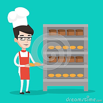 Happy young male baker holding tray of bread. Vector Illustration