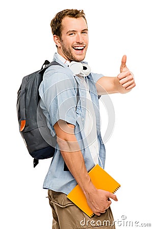 Happy young male student giving thumbs up sign Stock Photo