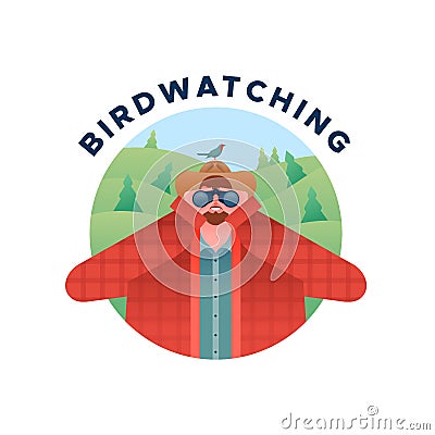 Birdwatching man with binoculars and bird isolated Vector Illustration