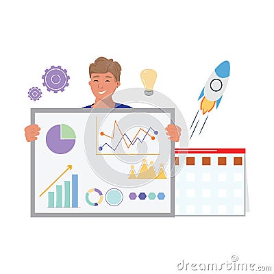 Happy young man empowers Ideas with charts, datas and analysis. Launching a Startup Rocket with Calendar on the Vector Illustration