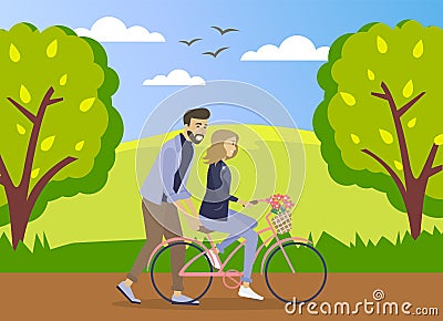 Happy young man is helping a smiling woman to ride a bicycle on the road at summer forest background Vector Illustration